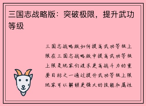 三国志战略版：突破极限，提升武功等级